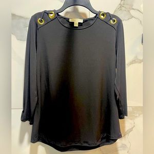 Michael Kors sheer black blouse with gold hardware, size Large
